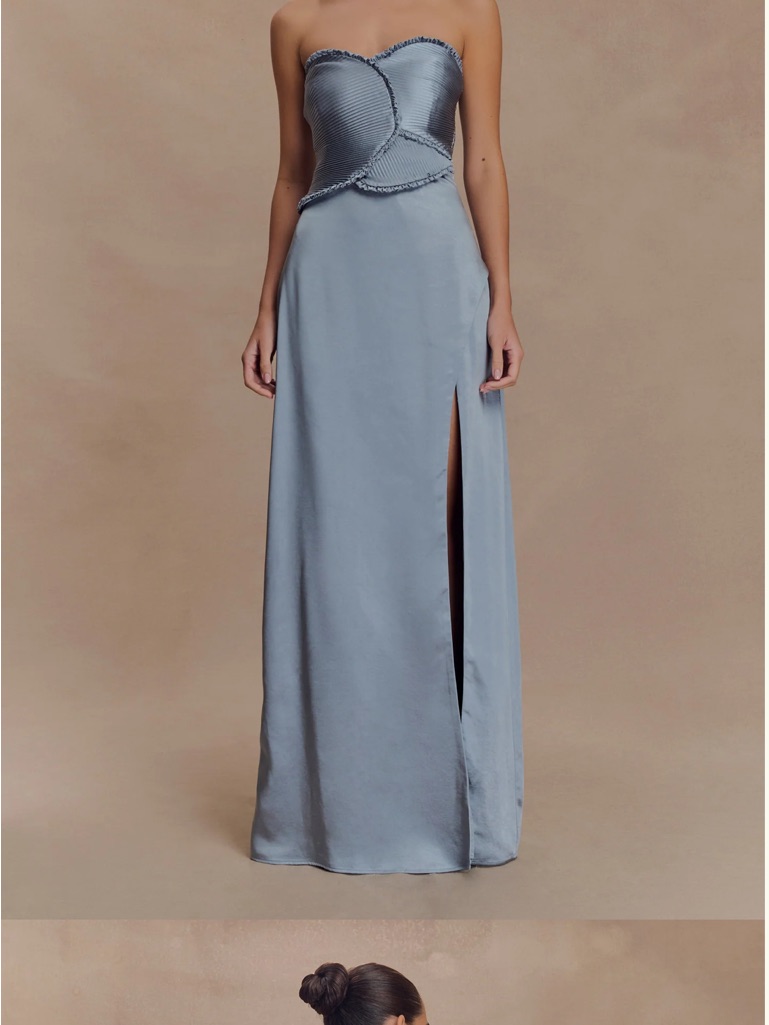 Meshki Strapless Frosted Blue Satin Maxi Gown With Side Slit